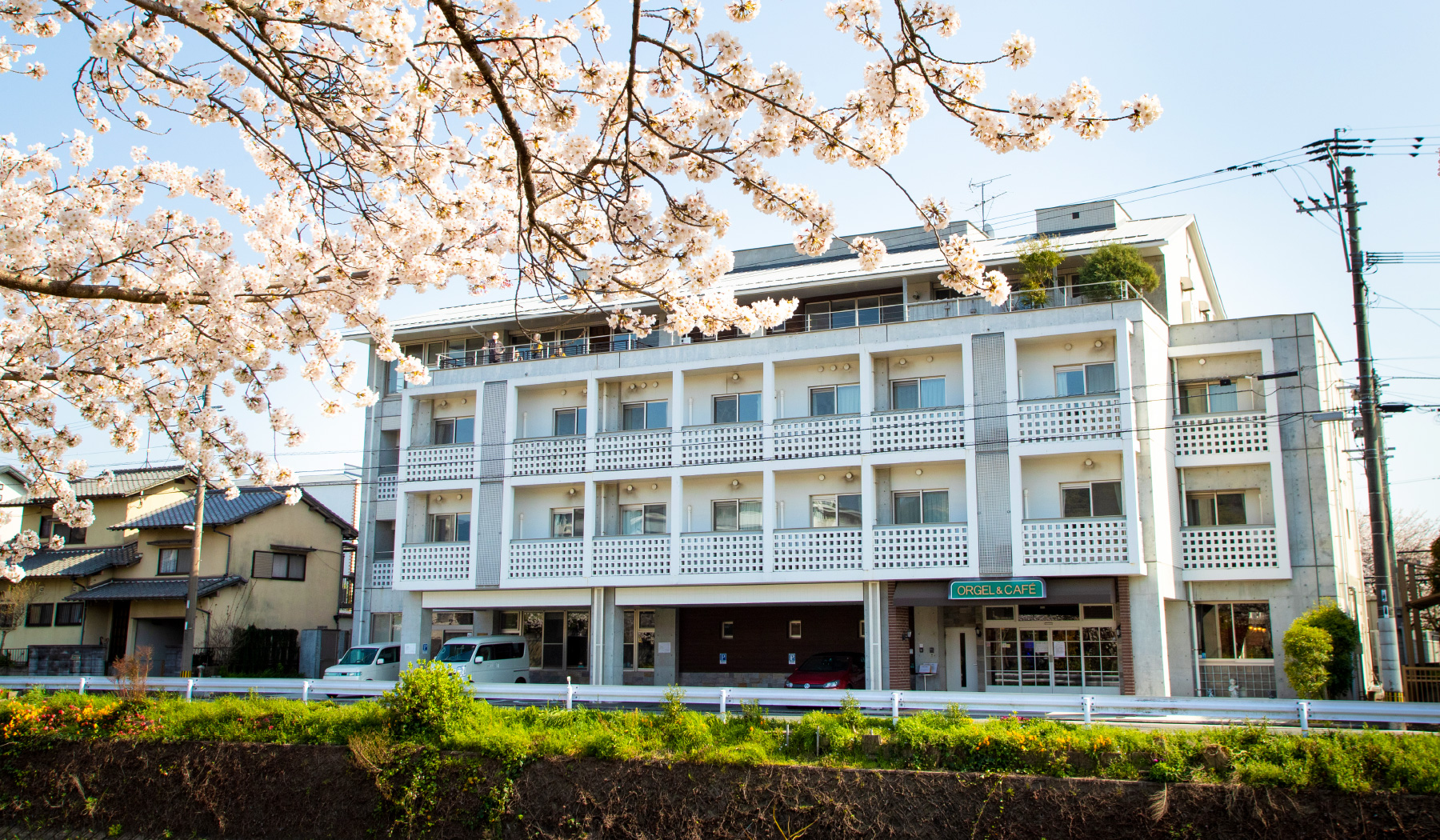 桜が咲く季節の介護施設の建物外観。白を基調とした3階建てモダン設計。